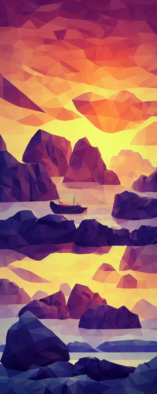 Image similar to super detailed color lowpoly art, northern sunset with rocks on front, monochrome photorealistic bay in the middle of perspective and mountains at background, big graphic ship in the middle of composition, unreal engine, high contrast color palette, 3 d render, lowpoly, colorful, digital art, perspective, full volume composition, robb cobb, robert mccall, syd mead