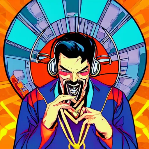 Image similar to artgerm, psychedelic laughing cybertronic dr. strange, rocking out, headphones dj rave, digital artwork, r. crumb, svg vector