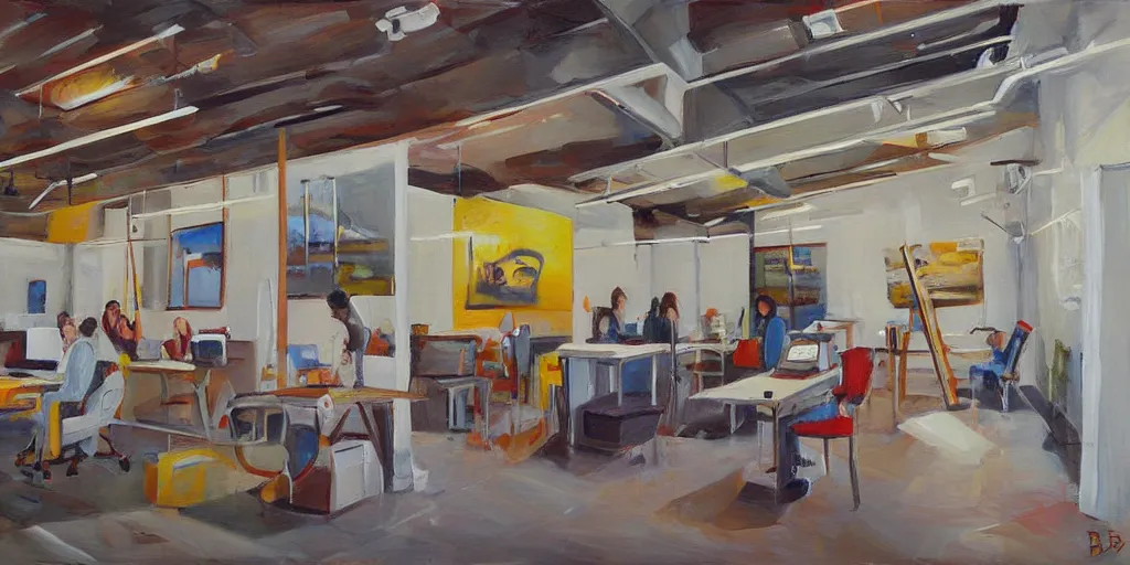 Image similar to painting gallery workplace, art style by bryen frost