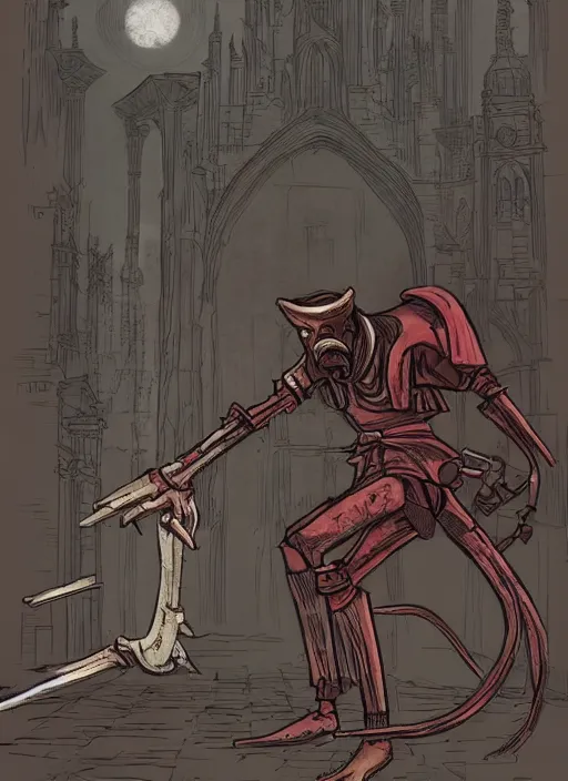 Image similar to a hunter from bloodborne vs robot in yharnam, style by retrofuturism, faded red and yelow, by malcolm smith, old comics in city, nicholas roerich