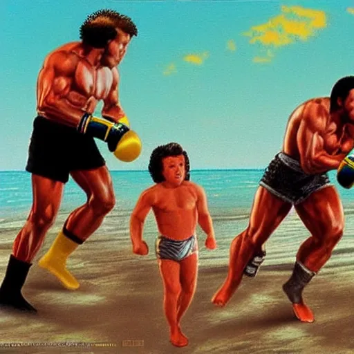 Image similar to rocky iii racing apollo and rocky on the beach, matte painting, beautiful, inspired, energetic, 8 0 s colors