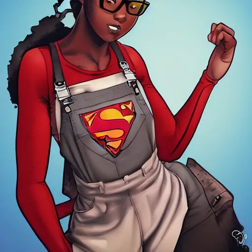 Prompt: a nerdy 17 year old black girl, comic book style, artgerm, wearing overalls, super hero, highly detailed, concerned