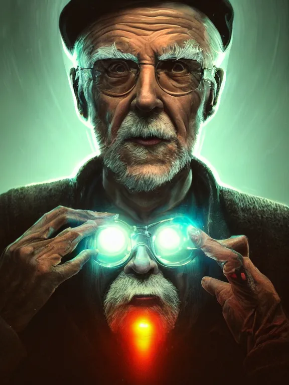 Prompt: portrait art of 8k ultra realistic retro futuristic old man, lens flare, atmosphere, glow, detailed,intricate,blade runner, cybernetic, full of colour, cinematic lighting, trending on artstation, 4k, hyperrealistic, focused, extreme details,unreal engine 5, cinematic, masterpiece, art by ayami kojima, giger