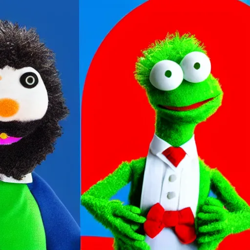 Prompt: borat as a muppet, children show, vibrant colors, studio lighting