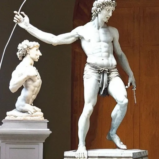 Image similar to A photo of Michelangelo's sculpture of David wearing headphones djing