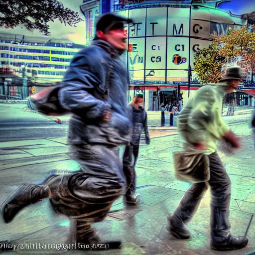 Prompt: trying to catch a man covered in goose fat realistic cinematic hdr 3 5 mm