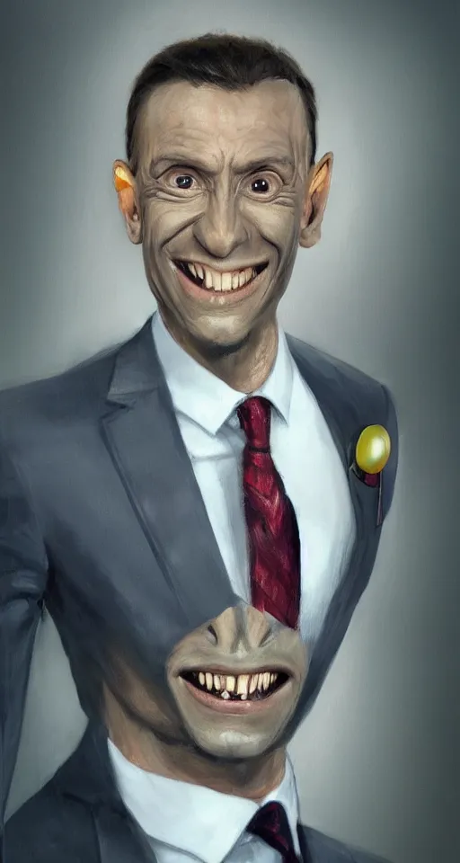 Image similar to a hyper realistic portrait of a smiling male alien in a suit for advertisement, artstation