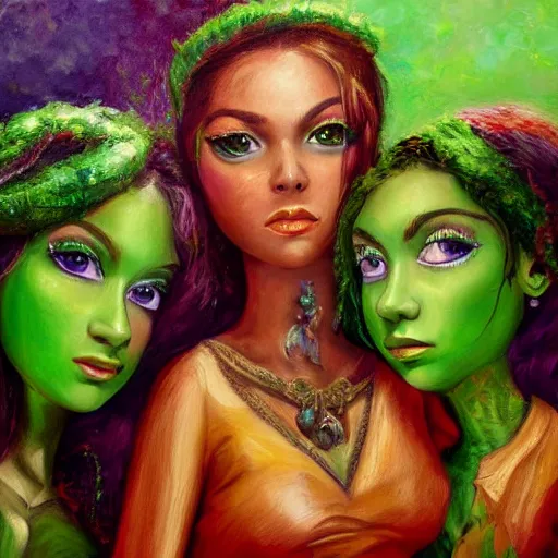 Image similar to a highly detailed painting. The musician Prince behind two beautiful twin sisters. He is green with jealousy. The sisters are happy and radiant. Trending on Artstation.