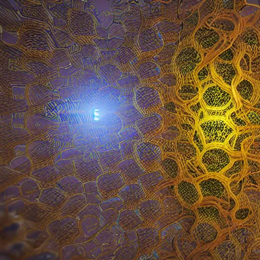 Image similar to a highly detailed 3 d render in octane and vray of slime mold made of cellular automata according to golden ratio pattern floating in space. beautiful mystical lighting, mist, sigma 2 4 mm