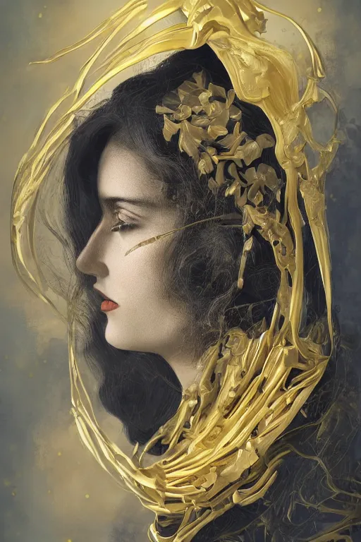 Image similar to An extremely beautiful Art Deco ornate portrait of a young attractive woman with a beautiful bone structure, professionally painted digital art illustration, smooth, sharp focus, atmospheric lighting, highly detailed illustration highlights, golden ratio, extremely detailed winning award masterpiece, very coherent symmetrical artwork, sense of awe, 8K post-processing, trending on artstation flawless, prismatic highlights, telephoto, depth of field, cinematic, macro, concept art, wepa digital, elegant, epic, octane render, v-ray, C4D