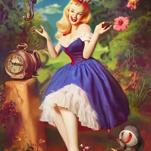 Prompt: Alice in wonderland, full body, head, lips, feet, masterpiece, detailed painting by Ross Tran and Gil Elvgren