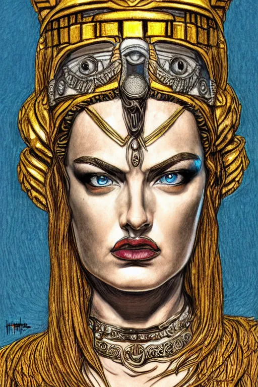 Image similar to The Godess Hera looking angry, detailed armor, portrait, highly detailed, colored pencil, beautiful face, symmetric face, cinematic, art by Hergé