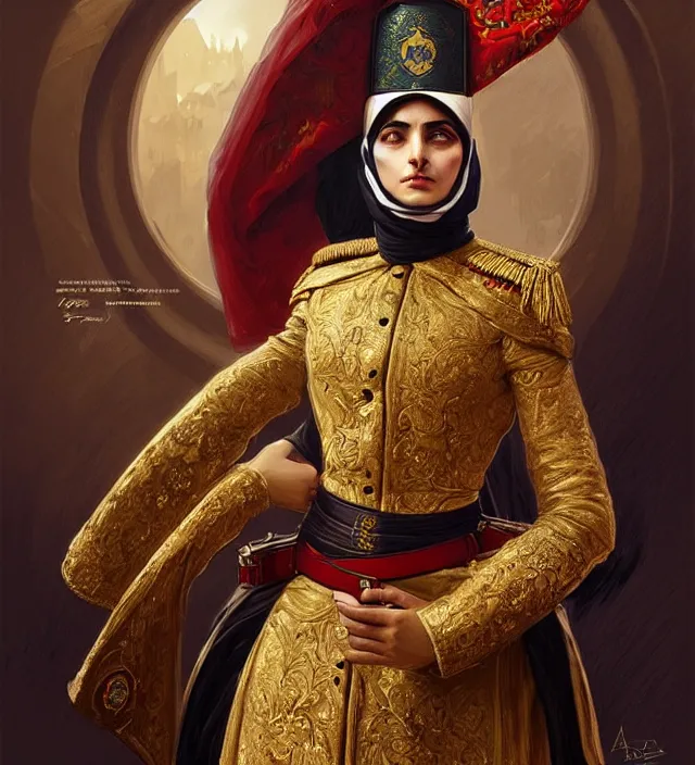 Prompt: portrait of a turkish woman wearing a traditional nineteenth century ottoman empire military uniform, metal shoulder pauldrons, intricate, highly detailed, digital painting, artstation, concept art, sharp focus, cinematic lighting, illustration, art by artgerm and greg rutkowski, alphonse mucha, cgsociety