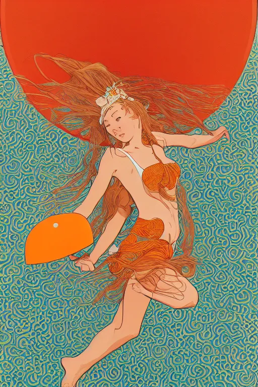 Image similar to A girl in a white lacy bikini and white sun hat and Holding a heart-shaped lifebuoy, jumping for joy,long orange hair floating on air ,Waves and splashes,beach,geometric shapes, hard edges ,Smooth visual lines,,graphic Design by mucha