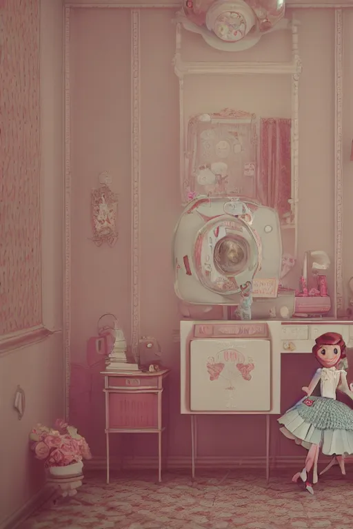 Prompt: wide - angle portrait of a retro girl's room 1 9 5 0 s, dolls, depth of field, zeiss lens, detailed, symmetrical, centered, fashion shoot, by nicoletta ceccoli, mark ryden, lostfish, stunning, 8 k resolution, extremely detailed, beautiful, establishing shot, artistic, hyperrealistic, octane render