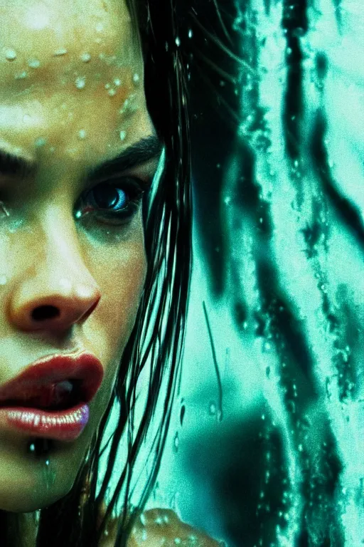 Prompt: cinestill 5 0 d candid action photographic portrait by quentin tarantino of lara croft in treacherous waters, extreme closeup, modern cyberpunk retrofuturism moody emotional cinematic, pouring iridescent rain, 8 k, hd, high resolution, 3 5 mm, f / 3 2, motion blur, ultra realistic faces, ex machina 8 k