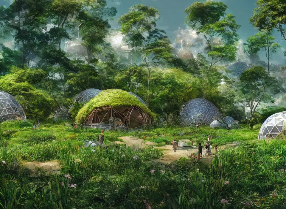 Prompt: digital art of a geodesic dome among a green and lush solarpunk village by hayao miyazaki, geodesic dome, matte painting concept art detailed ultra-wide angle lens, wide angle lens realistic lighting spring colors