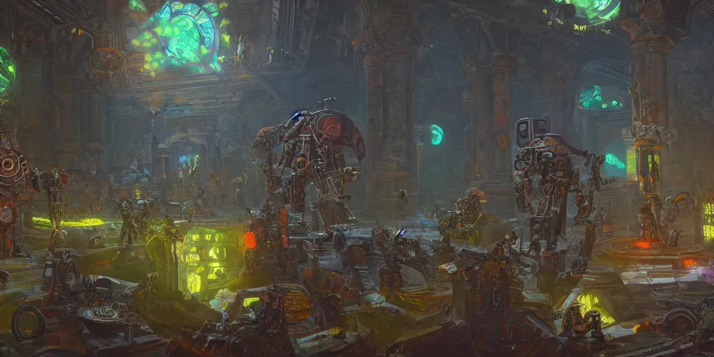 Prompt: colourful painting of cheeky adeptus mechanicus, looting necron tomb, cinematic, intricate details, unreal engine 5, rule of three, vivid colors, dynamic lighting, by claude monet and marco bucci