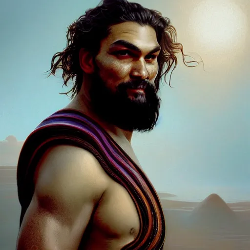 Image similar to a portrait of duncan idhao from dune cinematic lighting, photorealistic, octane render, 8 k, depth of field, 3 d, art by artgerm and greg rutkowski and alphonse mucha and uang guangjian and gil elvgren and sachin ten, duncan looks like jason momoa