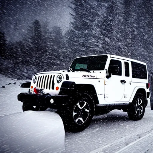 Prompt: white jeep wrangler driving up snow covered mountain on edge of a cornice, dreamy atmosphere, snowing, dramatic lighting, cinematic, photo realism