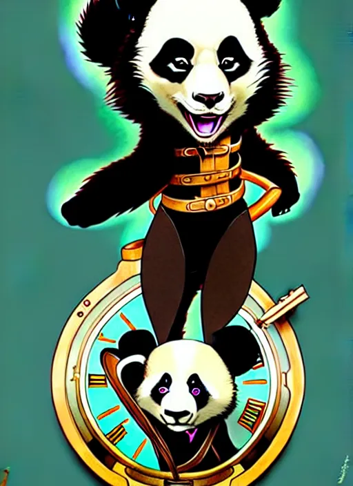 Image similar to don bluth, loish, artgerm, joshua middleton, steampunk, clockpunk anthropomorphic panda, full sailor suit, symmetrical eyes symmetrical face, colorful animation forest background