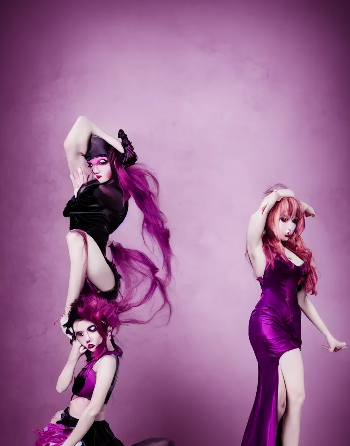 Image similar to Beautiful, professional model, vampire, Shalltear Bloodfallen, Studio Photography, Editorial photography, Studio Lighting, purple dress