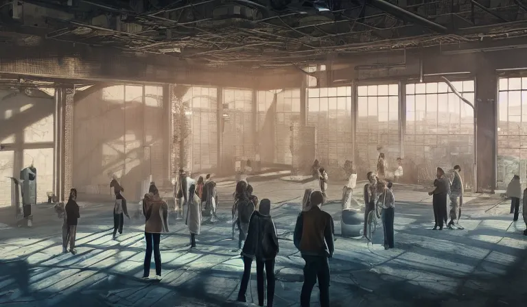 Image similar to group of people in bare walled warehouse, looking at hologram of futuristic city on a table, cinematic concept art, godrays, golden hour, natural sunlight, 4 k, clear details, tabletop model buildings, center model buildings, hologram center, crane shot, crane shot, crane shot