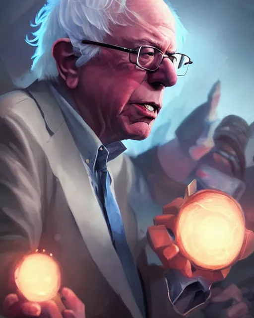 Image similar to bernie sanders as a league of legends champion, medium shot close up, details, sharp focus, illustration, by jordan grimmer and greg rutkowski, trending artstation, digital art