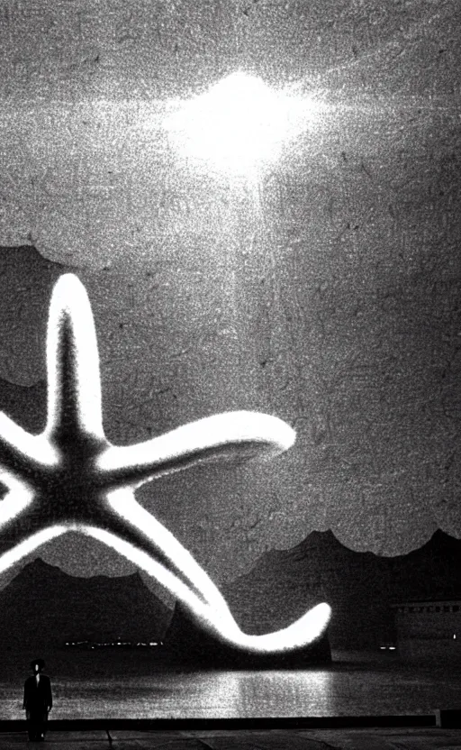 Image similar to light coming out of one starfish - like kaiju anthropomorphic monster, korean film noir by kim jong - il, korean traditional palace, pyongyang city, 1 9 6 0 s, red color bleed, 4 k, video compression, video glitch, monochrome, akira kurosawa, mamoru oshii, wes anderson, stanley kubrick