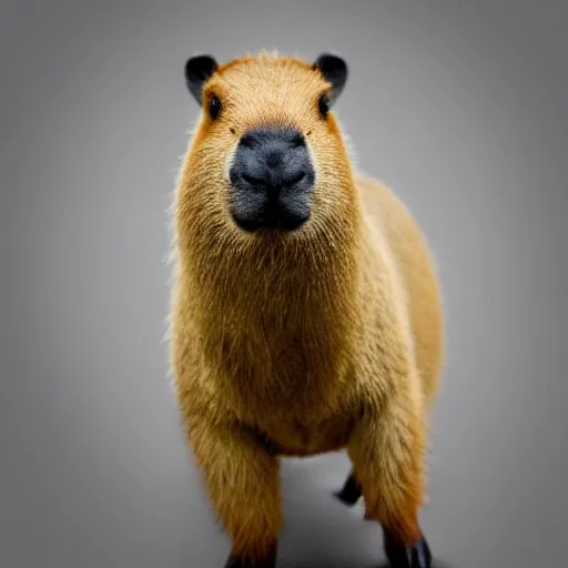 Image similar to a high detail photo of an antropomorphic capybara wearing a suit, subject= duck, subject detail: wearing a suit, photorealism