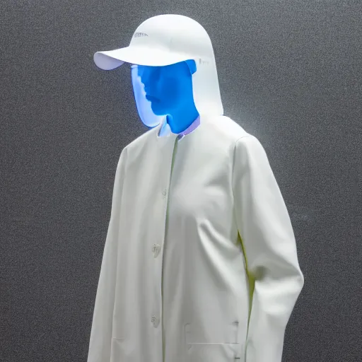 Image similar to an ultra high definition professional studio quality photograph of a transparent iridescent perspex pastel coloured visor and matching raincoat on a white coat hook in an empty white room. dramatic lighting, ray tracing, refraction, shallow d. o. f, colour corrected, golden ratio, three point light. volumetric shadows. light rays.