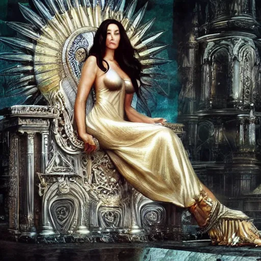 Image similar to Monica Bellucci as a Goddess sitting on a throne, Highly detailed, concept art