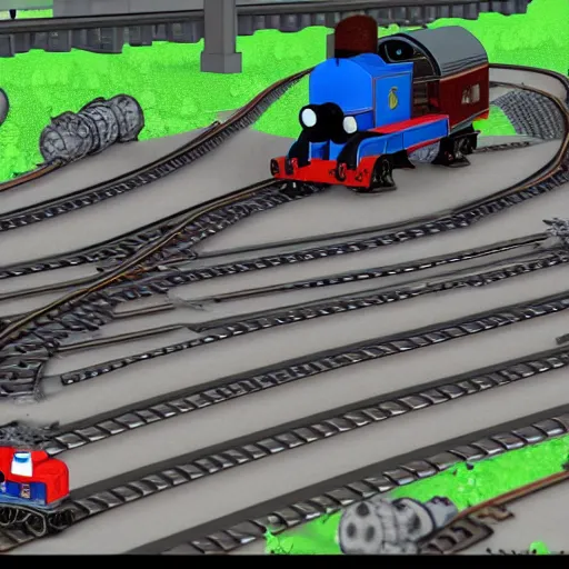 Image similar to thomas the tank engine running over a factorio engineer