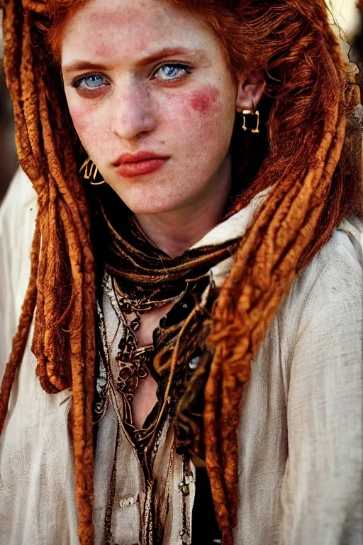 Image similar to 19th Century Barbary Coast pirate beautiful female model with amazing Ginger hair and Golden hooped earrings photography by Steve McCurry