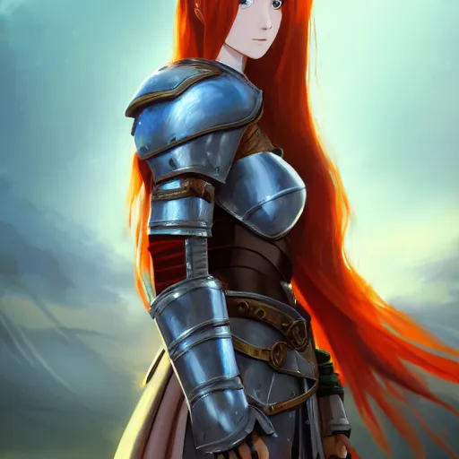 Image similar to portrait of a young redheaded woman with blue eyes and wearing a armor, medieval background, highly detailed, digital painting, artstation, matte, by makoto shinkai, animation style, studio ghibli, anime key visual