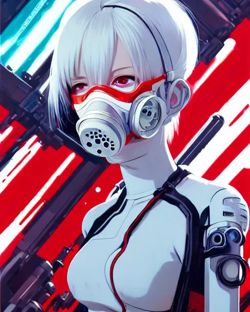 Prompt: white haired cyborg girl wearing a gas mask and red dress | | audrey plaza, warframe armor, fine detail!! anime!! realistic shaded lighting!! poster by ilya kuvshinov katsuhiro otomo ghost - in - the - shell, magali villeneuve, artgerm, jeremy lipkin and michael garmash and rob rey