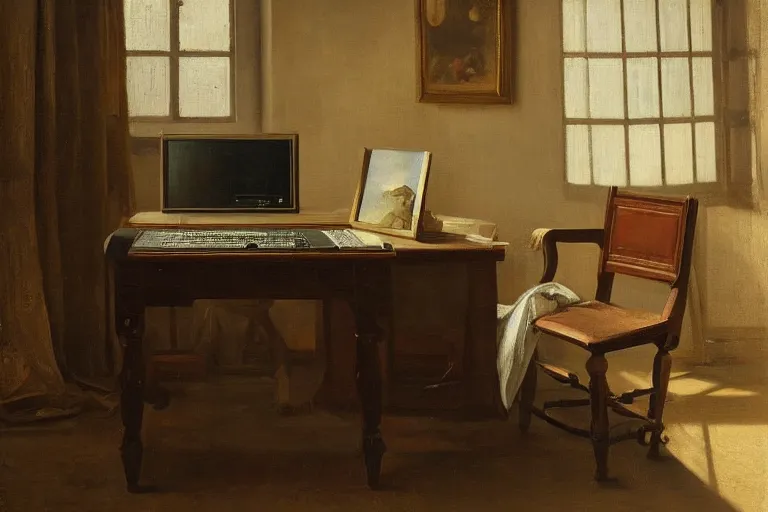 Image similar to still life painting of vintage computers by pieter claesz, oil on canvas, strong lighting, highly detailed, hyper realism, golden hour, god rays, hd, 4 k