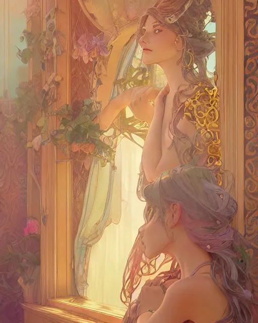 Image similar to secret romance, highly detailed, gold filigree, romantic storybook fantasy, soft cinematic lighting, award, disney concept art watercolor illustration by mandy jurgens and alphonse mucha and alena aenami, pastel color palette, featured on artstation