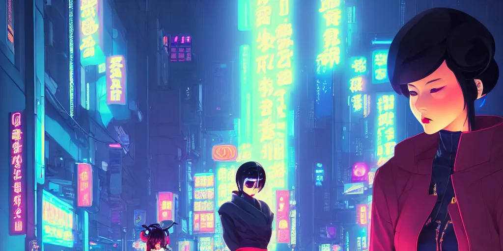 Image similar to digital illustration closeup of cyberpunk geisha in city street at night by makoto shinkai, ilya kuvshinov, lois van baarle, rossdraws, basquiat | afrofuturism, in the style of hearthstone, trending on artstation | cool color scheme