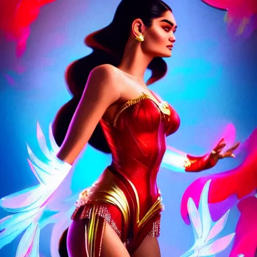 Image similar to pia wurtzbach as darna, wax figure, volumetric lights, red and cyan theme, art nouveau botanicals, intricate, highly detailed, digital painting, artstation, concept art, smooth, sharp focus, cinematic, illustration, beautiful face, art by artgerm and greg rutkowski and alphonse mucha