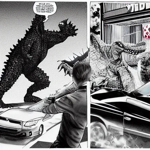 Image similar to godzilla vs obama in a wendy ’ s parking lot, photography, realistic, realism, photorealism, f 3. 5