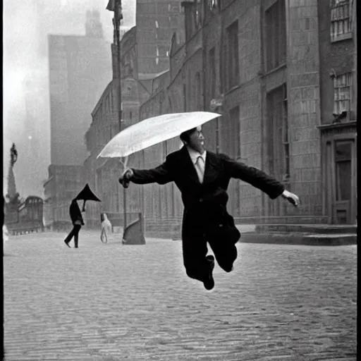 Image similar to the man leaping with umbrella, by henri cartier bresson,