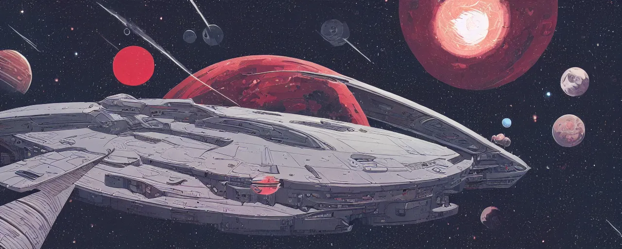 Image similar to illustration of a retro sci fi spaceship. the ship is white with two red stripes. Landscape image of a spaceship with a planet and stars in the background. Moebius. digital painting. extremely detailed science fiction art. high resolution image.