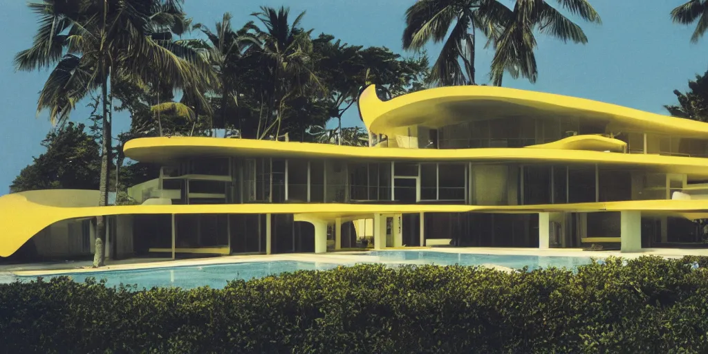 Image similar to architecture ad for a mid-century modern house by the beach designed by Zaha Hadid. From afar. Film grain, cinematic, colorized, yellow hue.