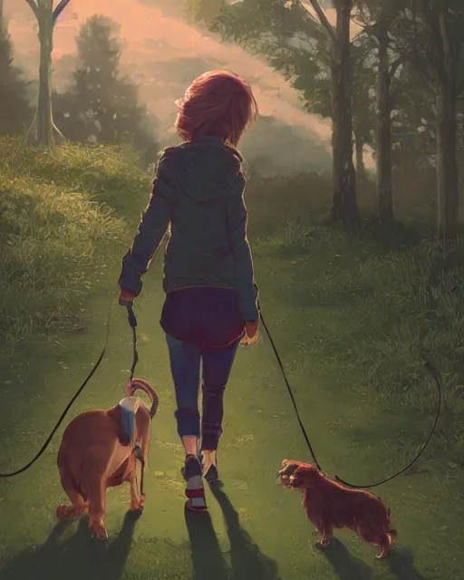 Prompt: a girl walking her small dog at the park, full shot, ambient lighting, detailed face, art by ayami kojima, makoto shinkai, kilian eng