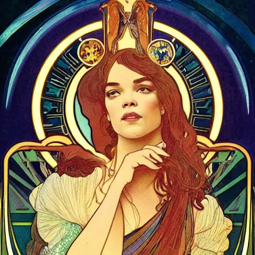 Image similar to tessa thompson portrait by louis - theophile hingre and alphonse mucha, realistic, sharp focus, zodiac signs, tarot cards, planets, ethereal, art nouveau, magic, moon, sun, crown, dreamy, royal, jewellery