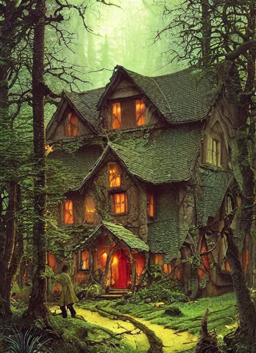 Image similar to hyper realistic homely witch cottage rococo in the woods gorgeous lighting, highly detailed, lush forest painting by norman rockwell, james gurney zdzisław beksinski and norman rockwell and greg rutkowskiweta studio