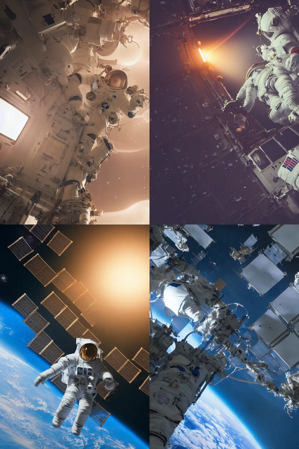 Prompt: an astronaut clining to the outside of a space station in space, orbiting the earth. the space station is on fire and breaking apart. photoreal. cinematic lighting vray render