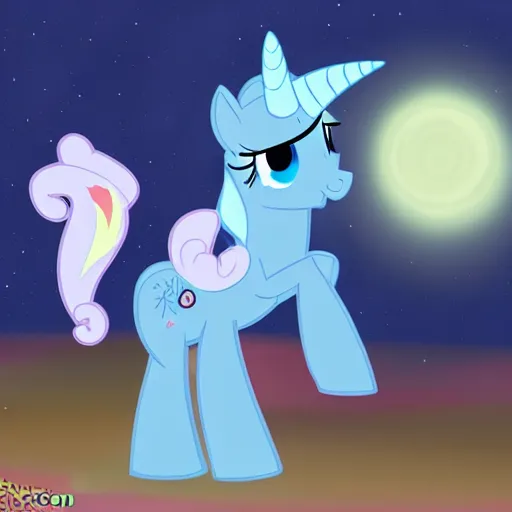 Prompt: painting of the blue unicorn mare Trixie Lulamoon from My Little Pony: Friendship is Magic performing a magic trick, trending on Derpibooru, by Studio Ghibli