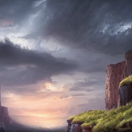 Image similar to basalt cliffs with lot of clouds fantasy landscape, high detail, fantasy art, concept art, 4 k, ultra detail, computer art